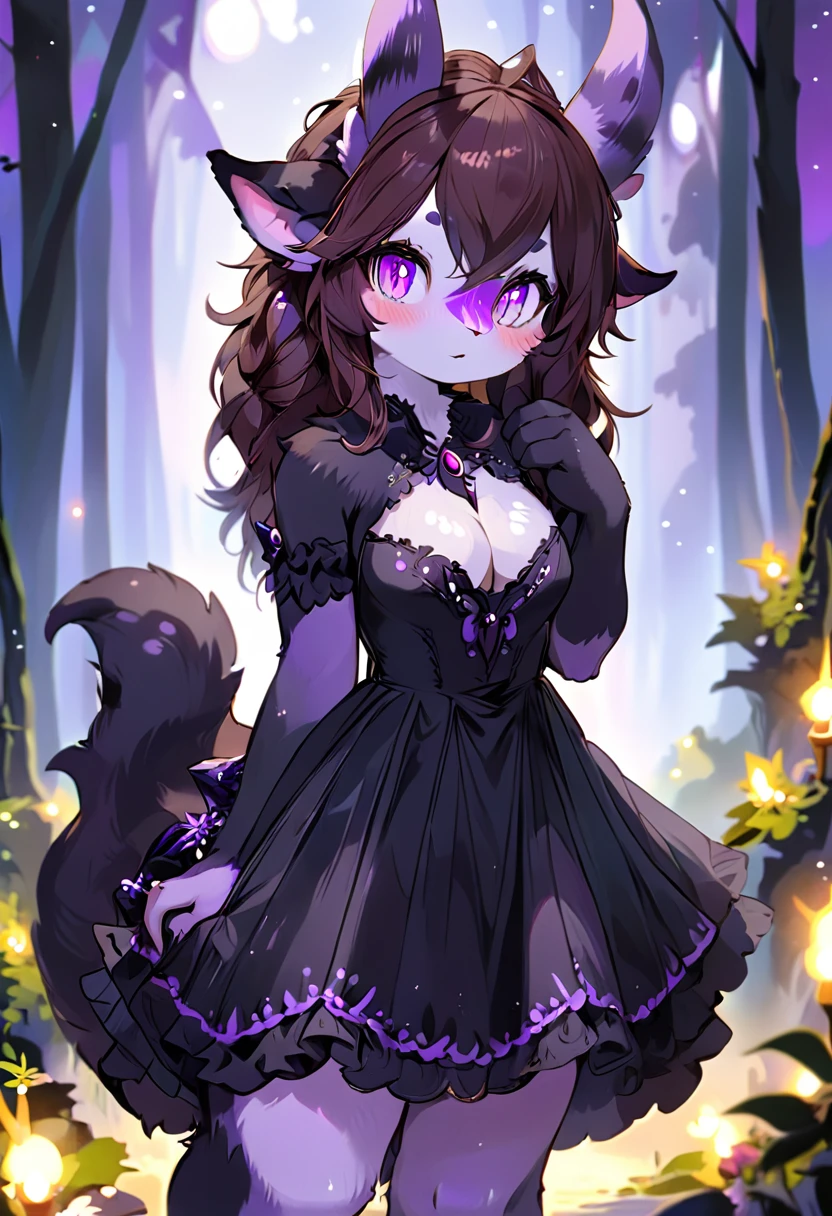 Satyr, female, purple skin, black fur, brown hair, black eyes, straight horns, vantablack dress. perky breasts, cleavage, Ultra HD, Rococo-Inspired Fantasy Art With Intricate Details. Cute, Charming Expression, Alluring-Gaze, looking at viewer Beautiful Eyes, An-Ideal-Figure. Large Youthful Well-Shaped-Breasts, Attractive ass showcased. Massive-Round-Bosom, Décolletage. slim waist, fit body, full lipsWarm lights , woman in a dreamy forest at night, (8K High Resolution) (top-quality)