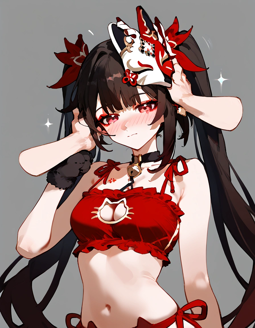 anime artwork, score_9, score_8_up, score_7_up, score_6_up, score_5_up, score_4_up,sparkle \(honkai: star rail\),1girl, twintails, black hair, medium breasts, red eyes, red eyeshadow, fox mask,
, , , , she is 24 years old, , ,horny, , , , style_3, ,,, floox style, grey background,headpat, cat lingerie, disembodied hand, petting, , blush, nose blush, cat gloves, paws
