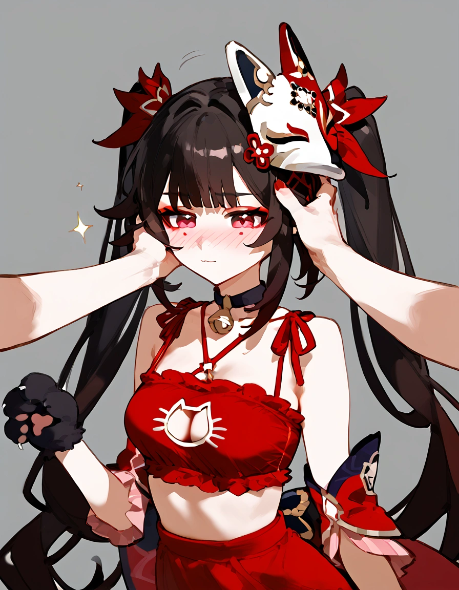 anime artwork, score_9, score_8_up, score_7_up, score_6_up, score_5_up, score_4_up,sparkle \(honkai: star rail\),1girl, twintails, black hair, medium breasts, red eyes, red eyeshadow, fox mask,
, , , , she is 24 years old, , ,horny, , , , style_3, ,,, floox style, grey background,headpat, cat lingerie, disembodied hand, petting, , blush, nose blush, cat gloves, paws