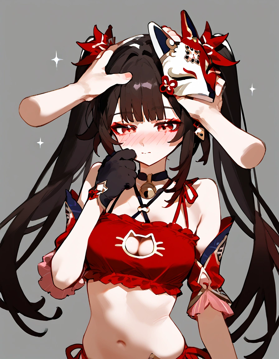 anime artwork, score_9, score_8_up, score_7_up, score_6_up, score_5_up, score_4_up,sparkle \(honkai: star rail\),1girl, twintails, black hair, medium breasts, red eyes, red eyeshadow, fox mask,
, , , , she is 24 years old, , ,horny, , , , style_3, ,,, floox style, grey background,headpat, cat lingerie, disembodied hand, petting, , blush, nose blush, cat gloves, paws