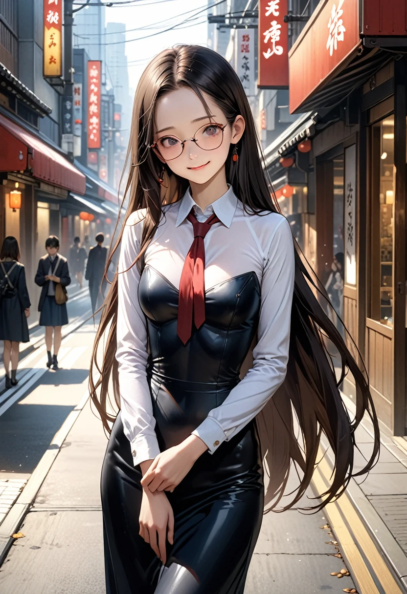 ((masterpiece,Highest quality;1.3,best illustration,realistic)),1woman、独奏,22 year old beauty,((very small head:1.1)),center parted bangs,forehead,black hair,long hair,black eyes,gorgeous eyes,Black-rimmed glasses、shy,smile,medium breasts,((very long body)),((toned body,slender body,skinny)),gleaming skin,shiny skin,oily skin,(White long sleeve collared shirt)、Long skirt、on street,Tokyo、