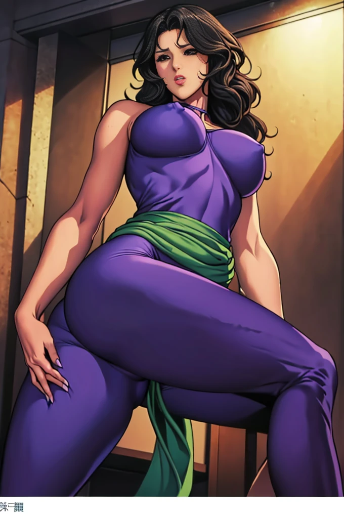 woman((28 years old)), hair((Wavy, Black)), eye((smart eye, green)), Clothes((Purple bodysuit, Strapless, No sleeve, Green sash,)), girl,alone,Gray background,Artistic lighting,Beautiful Asian Goddess,eyelash, Red lipstick, (Shiny costumes),(Wearing a belt around his waist),Sensual,(風に吹かれるhair),Graceful features,No sleeve,Mature Woman, 成熟したwoman,Detailed fingers, Perfect hands, Length 180cm,Small face,sweating,Soft thighs,Sexy legs,Sexy ass, Cleavage,Open the chest,Smooth thighs and legs,((Amazing orgasm)),大きなSexy ass, Perfect Body Proportions, Slim waist,Nipples visible,Tight waist,(Long legs:1.4),F cup bust,Huge :1.3,perspective:1.2,Looking at the audience,Character-centric,symmetry diagram,whole body:1.5,From below:1.3,Abdominal shot