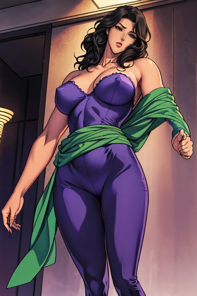 woman((28 years old)), hair((Wavy, Black)), eye((smart eye, green)), Clothes((Purple bodysuit, Strapless, No sleeve, Green sash,)), girl,alone,Gray background,Artistic lighting,Beautiful Asian Goddess,eyelash, Red lipstick, (Shiny costumes),(Wearing a belt around his waist),Sensual,(風に吹かれるhair),Graceful features,No sleeve,Mature Woman, 成熟したwoman,Detailed fingers, Perfect hands, Length 180cm,Small face,sweating,Soft thighs,Sexy legs,Sexy ass, Cleavage,Open the chest,Smooth thighs and legs,((Amazing orgasm)),大きなSexy ass, Perfect Body Proportions, Slim waist,Nipples visible,Tight waist,(Long legs:1.4),F cup bust,Huge :1.3,perspective:1.2,Looking at the audience,Character-centric,symmetry diagram,whole body:1.5,From below:1.3,Abdominal shot
