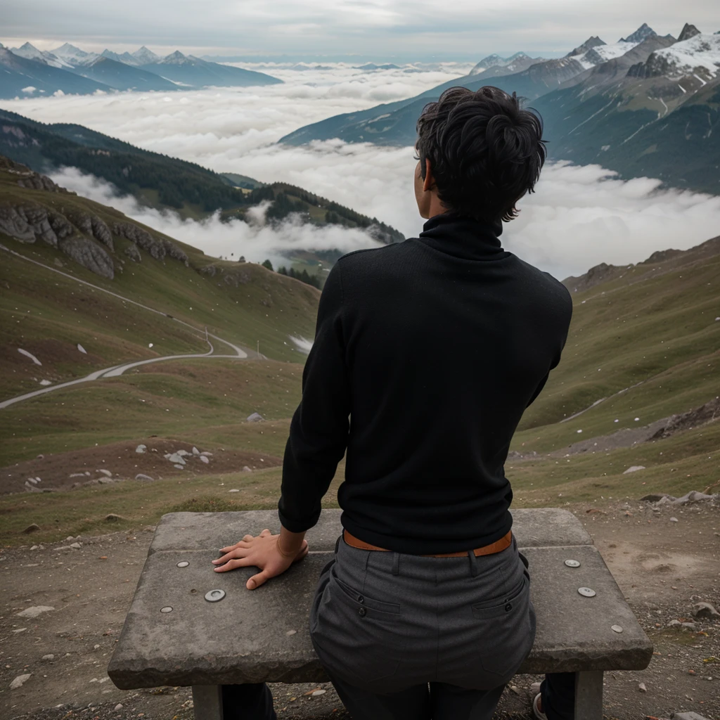 a boy with messy black hair facing his back wearing a black turtleneck and hood sitting on a bench on top of the mountain overlooking Switzerland at  foggy morning in winter