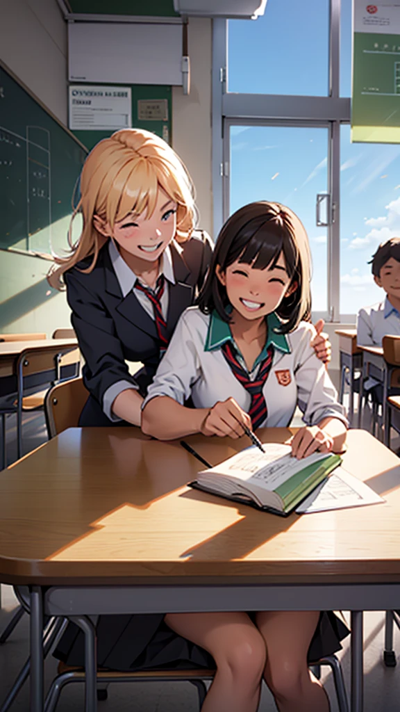 Person in a classroom, greeting colleagues and laughing with friends during break. School and cheerful background. texto: 'New friendships!'