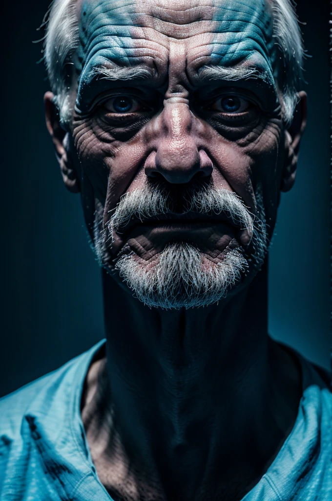 Old man creepy image full ultra hd quality with blue background and with blue lights high rays.