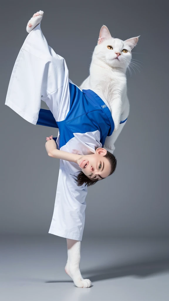 “A unique and dynamic depiction of a white cat wearing a blue judo uniform standing in a human-like posture with feet shoulder-width apart and arms down, high-definition, 8K image, background with a grey gradient.”