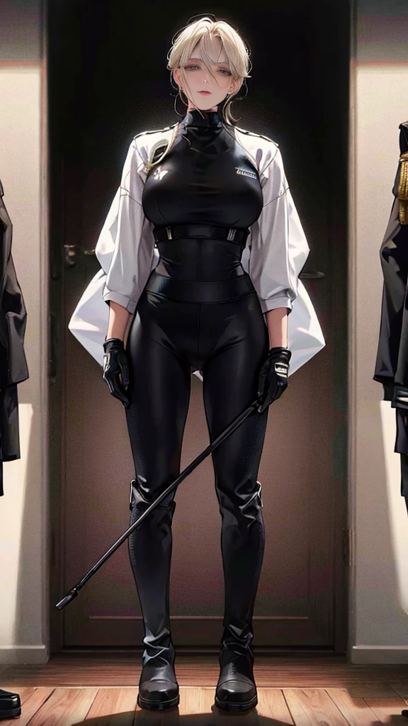 (highest resolution, distinct_image) best quality, a woman, solo, masterpiece, highly detailed, semi realistic, blonde hair, bangs, 22 years old, mature, young, tall strong, uniform, military uniform( large indoor background), cold, serious, tall, handsome, autocratic, powerful, exquisite facial features, exquisite facial features, (full body)(black knee-high boots:1.4)(dominatrix:0.3)(white Yoga pants:1.3),(gloves:1.5)(long sleeves),(active sportswear shirt),solo,1girl,(looking at viewer),(from below:0.9)(head turned upwards:0.3)(smiling:0.4)(bodysuit:0.3)(holding riding crop:1.2)(muscular:0.8)(shirt tucket in pants)(parquet flooring)(standing on floor)(pretty eyes)(staring)(yandere), shining pink iris, pretty eyes, white hair,( superior smirk, smiling:0.4),devious,commanding