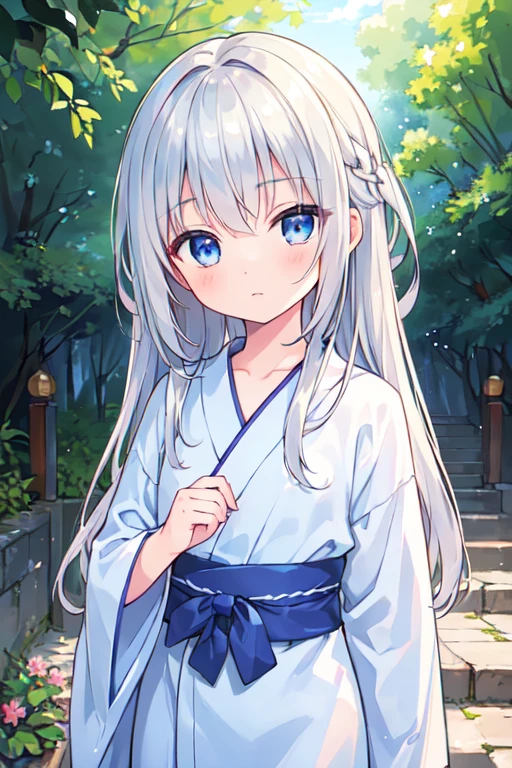 (best quality, masterpiece:1.2), ultra detailed, extremely detailed eyes and face, natural skin texture, detailed skin, natural lighting,
 chibi, 1 girl, 12-years-old, (cute),
 silver hair, middle hair, straight hair, shiny hair,
 blue eyes,
 flat chest,
 yukata,
 upper body,