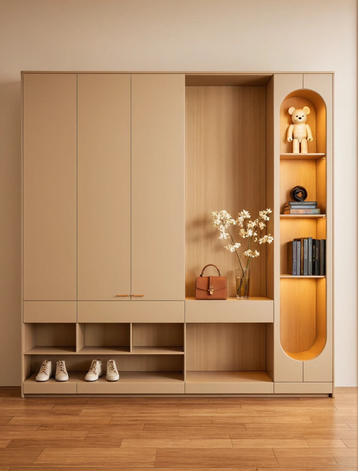 Raw photo,Masterpiece, high quality, best quality, authentic, super detail, interior, shoes Cabinet style modern luxury , sunset, daylight, shoe cabinets, decorative cabinets, flower vases, decorations, books, wooden floor, handbags, shoes, bearbrick, (beige tones)