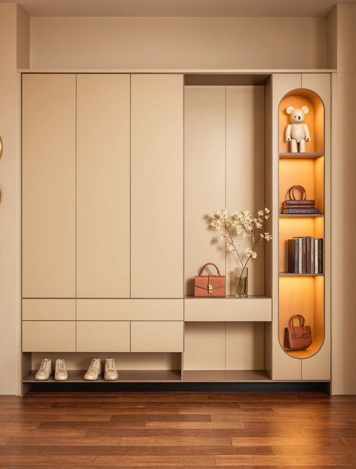 Raw photo,Masterpiece, high quality, best quality, authentic, super detail, interior, shoes Cabinet style modern luxury , sunset, daylight, shoe cabinets, decorative cabinets, flower vases, decorations, books, wooden floor, handbags, shoes, bearbrick, (beige tones)