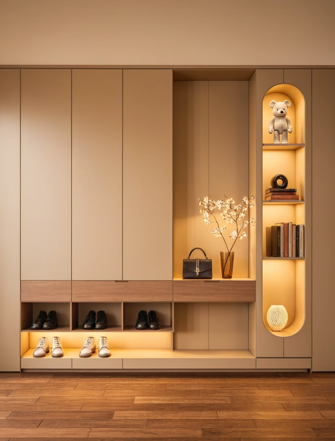 Raw photo,Masterpiece, high quality, best quality, authentic, super detail, interior, shoes Cabinet style modern luxury , sunset, daylight, shoe cabinets, decorative cabinets, flower vases, decorations, books, wooden floor, handbags, shoes, bearbrick, (beige tones)
