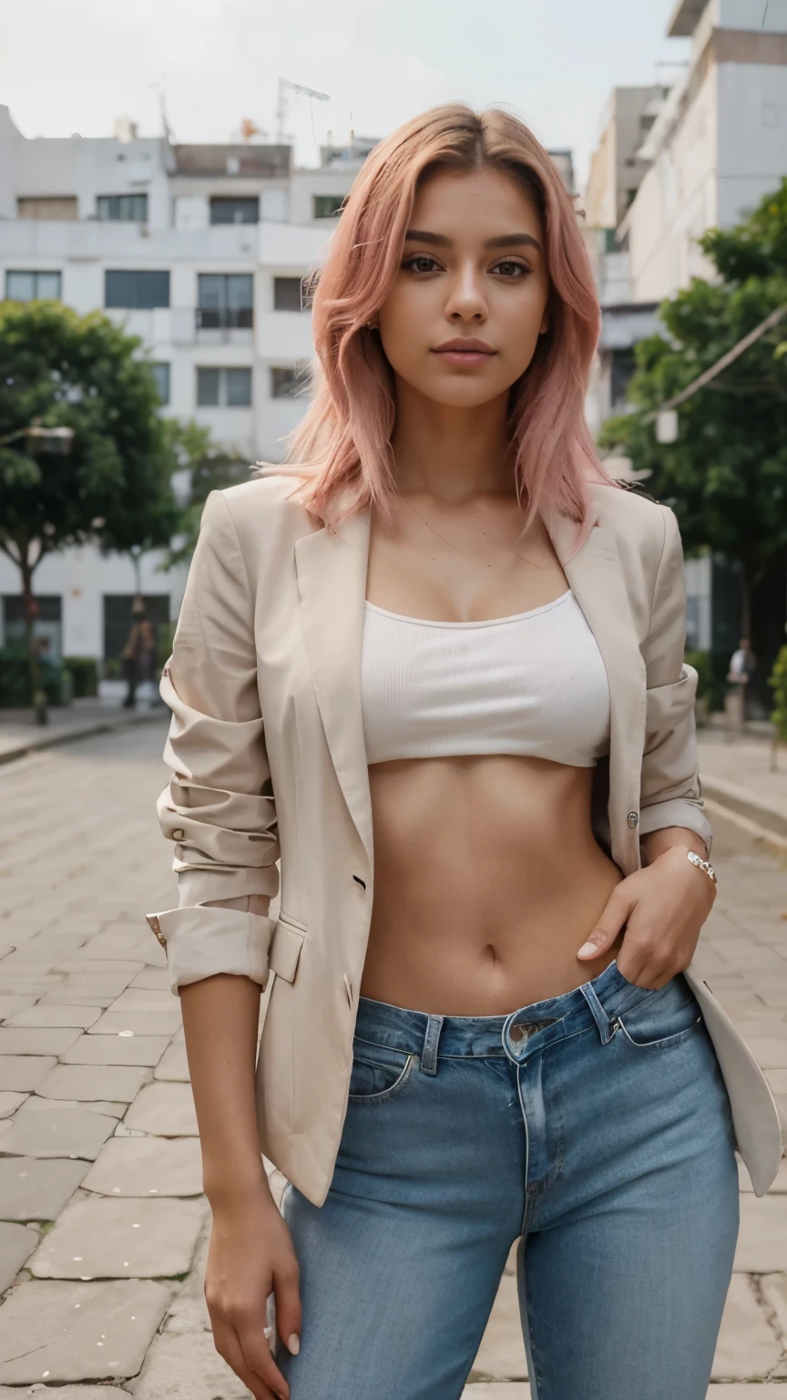Create a realistic portrait of a beautiful Brazilian influencer named Isabela Costa. She is 1.75 m tall and weighs 58 kg, with straight pink hair, styled elegantly and without frizz. Isabela has large, expressive light green eyes and an oval face with delicate, symmetrical features. Her makeup is subtle, highlighting her natural beauty. Isabela Costa is in an urban square, with buildings in the background, she is dressed in a beige blazer, a white shirt underneath, and dark jeans. ((She is facing the camera)), with a slight smile, her hands are at her sides. The pose is confident and professional. Lighting must be natural.
