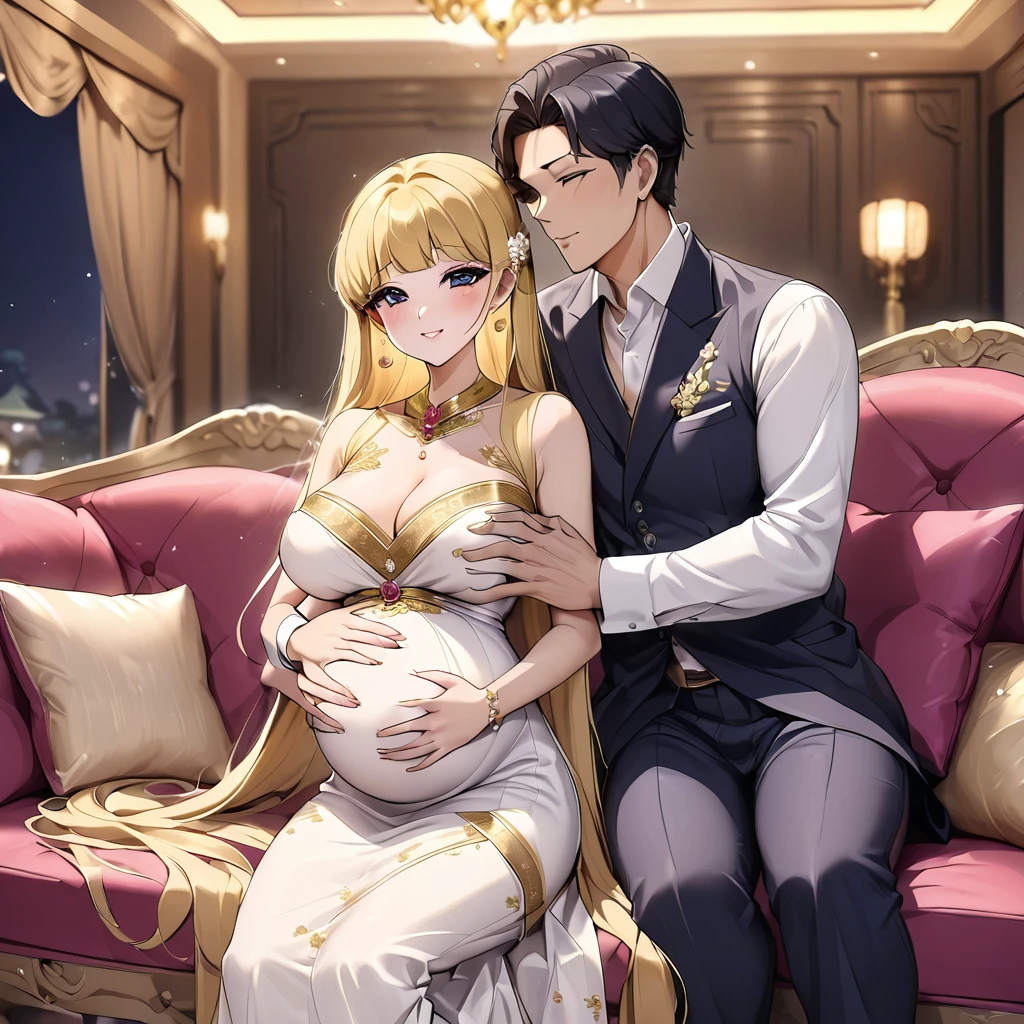 ((Highest quality)), ((masterpiece)), (detailed), （Perfect Face）、The woman is a Thai woman named Tsukino Usagi, and is in a luxurious Thai mansion, wearing a gorgeous, glittering, traditional Thai dress with gold embroidery, gorgeous jeweled accessories and an engagement ring. The woman and the man are sitting on a luxurious, large sofa in the luxurious room, and the woman is being held in the arms of a dignified, middle-aged Thai man wearing a dignified, sturdy Thai traditional dress.、The woman is the elegant Tsukino Usagi, with long blonde hair in a chignon twin tail, and the woman is a Thai girl wearing a gorgeous Thai dress.、the woman is pregnant