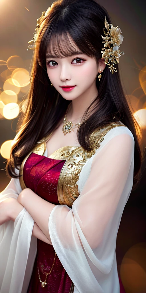 best quality, masterpiece, highres, 1girl, transparent silk china dress, beautiful face, hair ornament, looking at viewer, smile, closed mouth,lips, dress,hair ornament, necklace, jewelry, long hair, earrings, Beautiful face,upon_body, tyndall effect,photorealistic, dark studio, rim lighting, two tone lighting,(high detailed skin:1.2), 8k uhd, dslr, soft lighting, high quality, volumetric lighting, candid, Photograph, high resolution, 4k, 8k, Bokeh