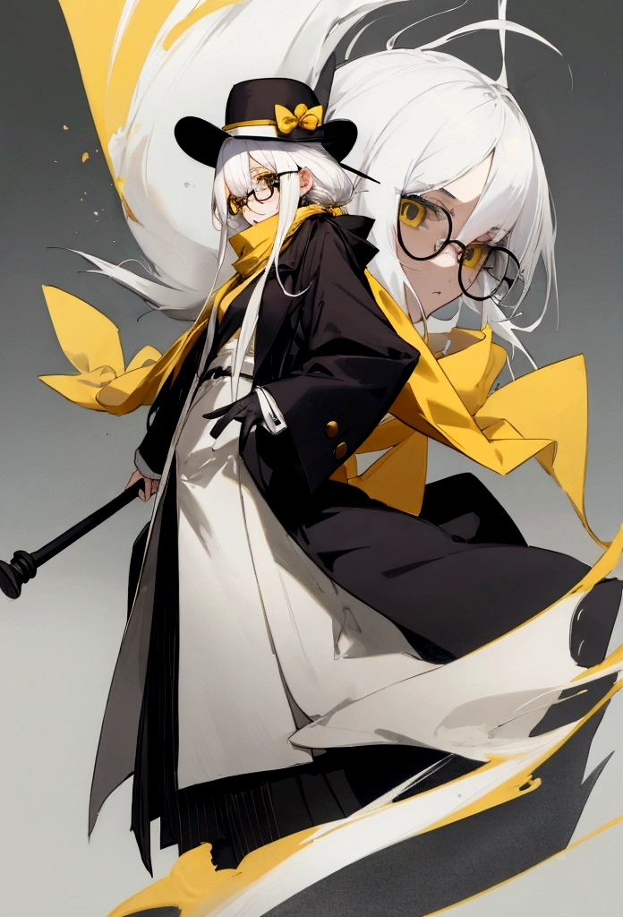 Cold expression anime girl with white hair wearing a black overcoat,yellow scarf tied in a reverse drape,bowler hat and wearing a round glasses while holding a cane