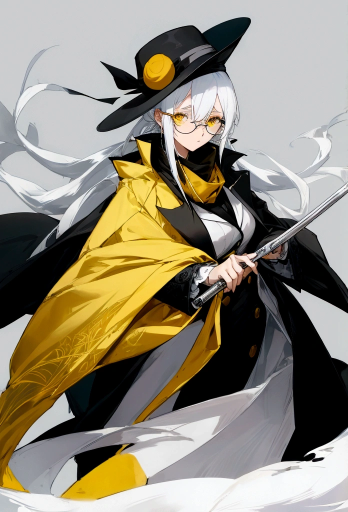 Cold expression anime girl with white hair wearing a black overcoat,yellow scarf tied in a reverse drape,bowler hat and wearing a round glasses while holding a cane