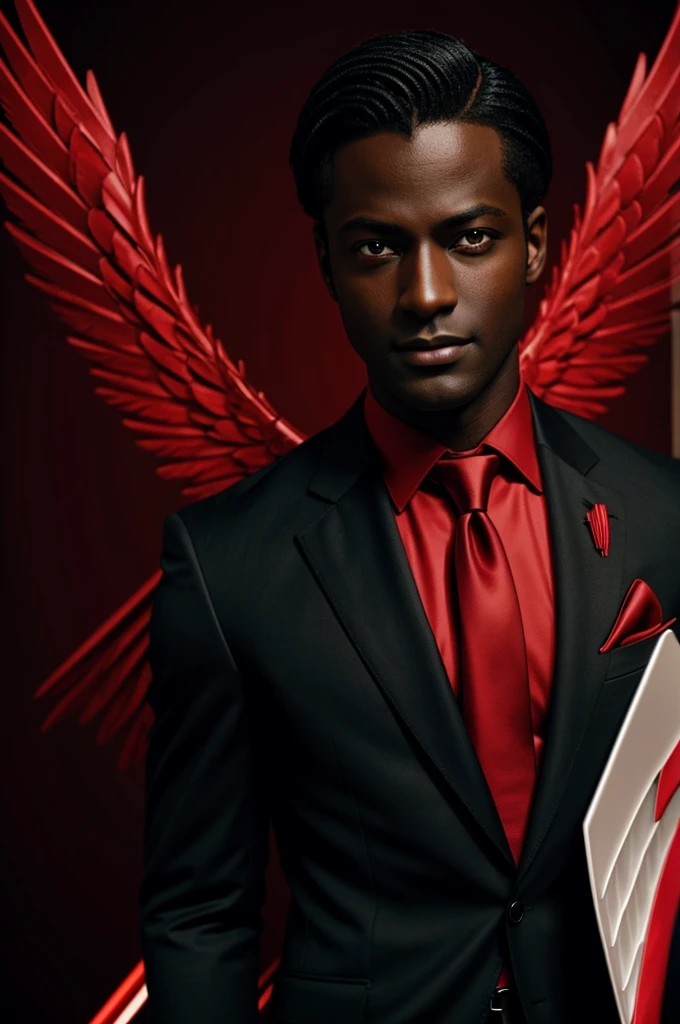 Dark-skinned archangel with red eyes, with elegant black suit and red tie.