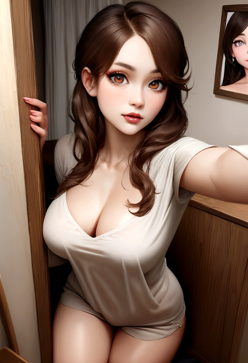 arafed woman fully , sexy girl with brown eyes, ultra realistic, meticulously detailed, portrait sophie mudd, brown hair and large eyes, selfie of a young woman, bedroom eyes, violet myers, without makeup, natural makeup, looking directly at the camera, face with artgram, subtle makeup, stunning full body shot kneeling on bed, in bedroom, medium to large size bust