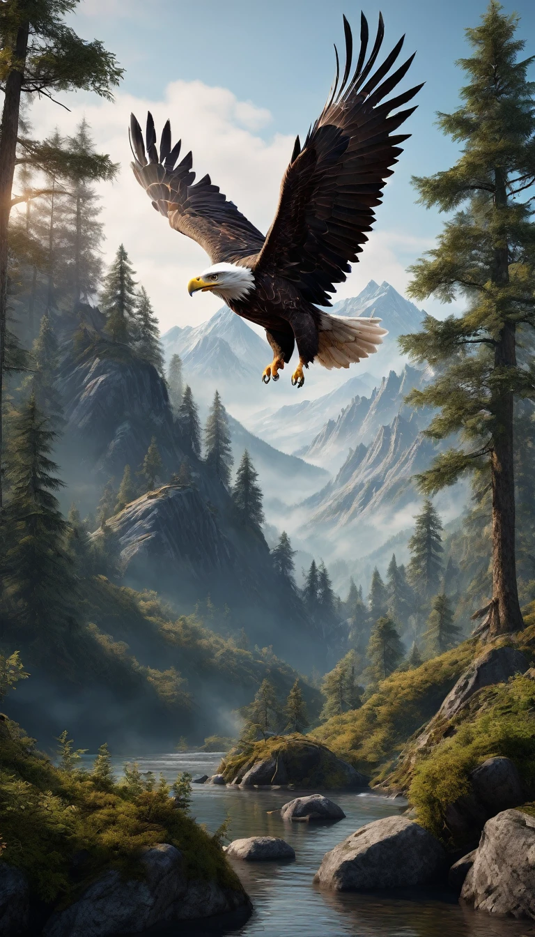 Mountains and forests,There is a kind of bird,Looks like an eagle but has human hands(best quality,4K,8K,High level,masterpiece:1.2),Ultra Detailed,(lifelike,Photo real,Photo real:1.37),Highly detailed animals,Realistic lighting,Fantasy Creatures