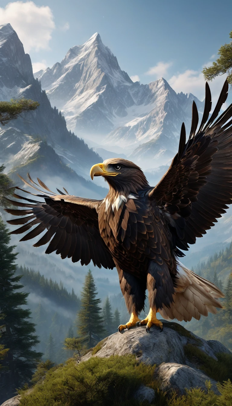 Mountains and forests,There is a kind of bird,Looks like an eagle but has human hands(best quality,4K,8K,High level,masterpiece:1.2),Ultra Detailed,(lifelike,Photo real,Photo real:1.37),Highly detailed animals,Realistic lighting,Fantasy Creatures