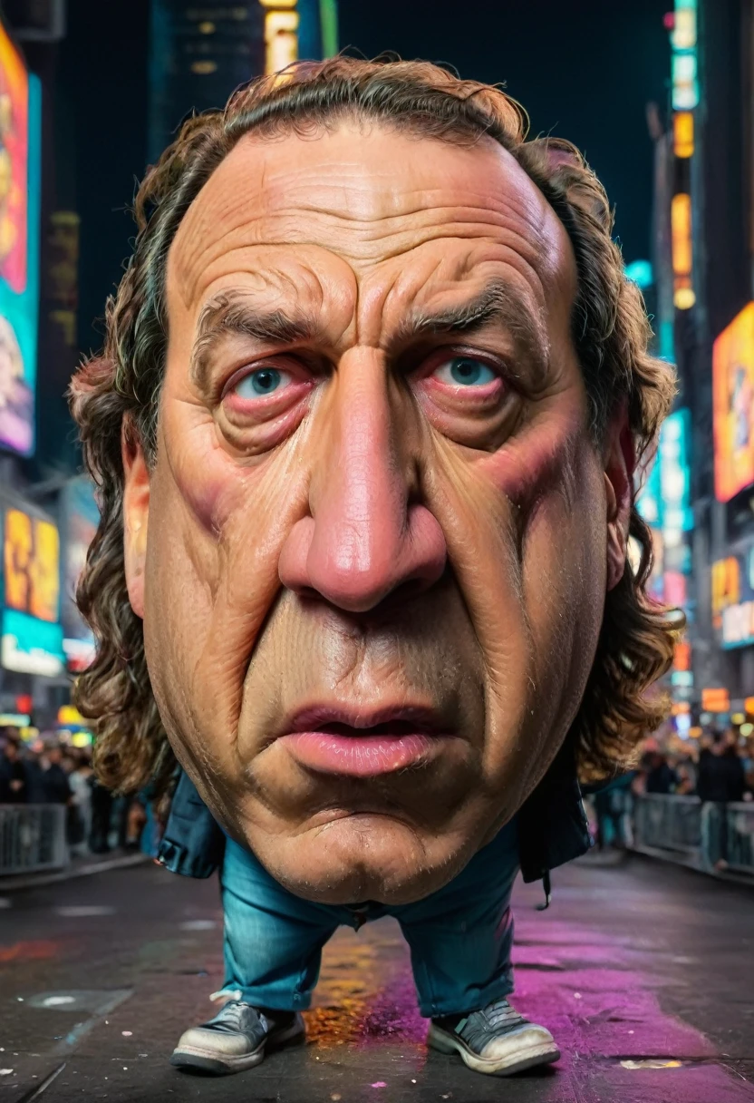 caricature full-length portrait in bright colors Brian Johnson with a large head and exaggerated features on a neon-lit street of New York Times Square