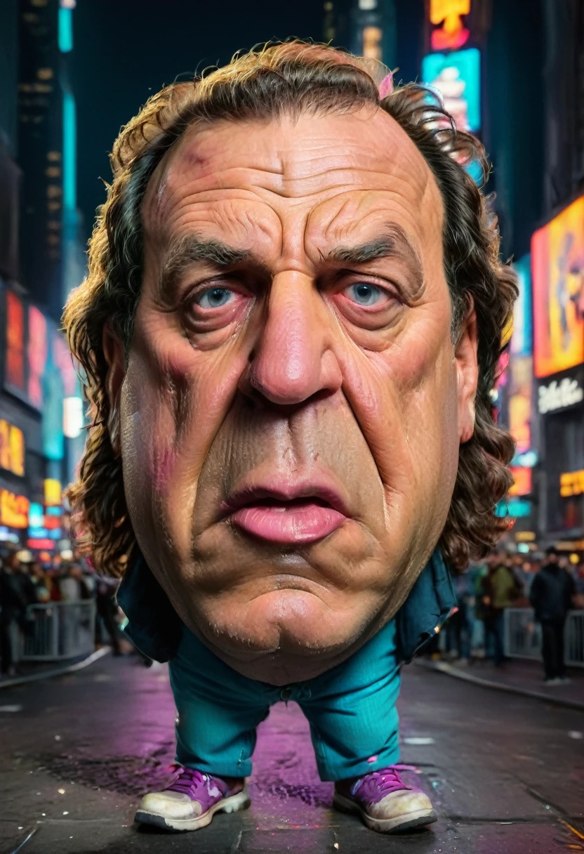 caricature full-length portrait in bright colors Brian Johnson with a large head and exaggerated features on a neon-lit street of New York Times Square