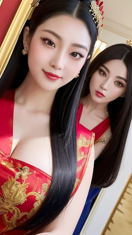 (((Two Chinese beauties)))、((Standing side by side))、((Backward side))、((Turn around here))、((The beautiful woman on the right is wearing a bright red outfit))、(((The beauty on the left is wearing a royal blue outfit.)))、((Two beautiful women in different colored costumes))、21 years old、(Very heavy makeup:1.2)、(Slanted Eyes:1.3)、(long narrow eyes:1.3)、Shiny Hair、Glowing Skin、Very white skin、Jet Black Hair、Straight long hairstyle、Big eyes、Double eyelids、Luxury Chinese palace、(Standing in the palace corridor)、(Golden luxurious hair ornament)、(Patterned costume of a Chinese queen)、Luxurious and gorgeous、(huge breast:1.3)、(Exposed Skin:1.4)、(Smile with your mouth closed)、((Angle of view from chest up))、((right side girl brilliant red))、((left side girl royal blue))