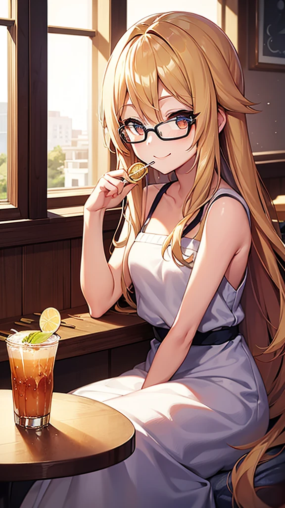 Solo, 1 girl, An anime-style woman with long blonde hair and glasses is enjoying a meal at a restaurant. She is holding a small cup of tea and smiling. The table in front of her has a large bowl of ramen with vegetables and meatballs, along with two tall drinks, one with a straw and ice cubes and another with a slice of lemon. The background features large windows with sunlight streaming in and a cozy, modern interior.