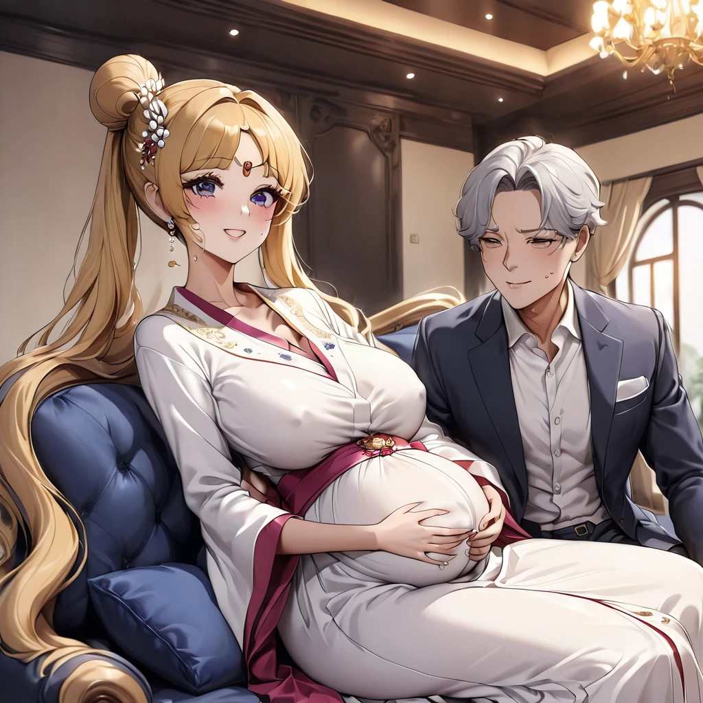 ((Highest quality)), ((masterpiece)), (detailed), (Perfect Face)、The woman is Korean Tsukino Usagi, and is wearing a gorgeous and dazzling traditional Korean dress called a hanbok (traditional Korean dress), a gorgeous hair ornament, gorgeous jeweled accessories, and an engagement ring in a luxurious Korean mansion. The man and woman are sitting on a large, luxurious sofa in the luxurious room, and the woman is being held in the arms of a dignified and sturdy middle-aged Korean man wearing hanbok.、The woman is the elegant Tsukino Usagi, a Korean woman with long blonde hair in a chignon twin tail, wearing the traditional Korean dress, Chima Chogori.、the woman is pregnant