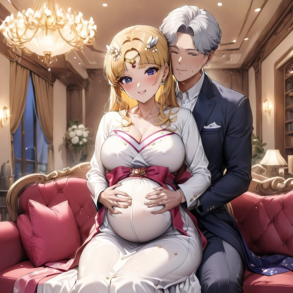 ((Highest quality)), ((masterpiece)), (detailed), (Perfect Face)、The woman is Korean Tsukino Usagi, and is wearing a gorgeous and dazzling traditional Korean dress called a hanbok (traditional Korean dress), a gorgeous hair ornament, gorgeous jeweled accessories, and an engagement ring in a luxurious Korean mansion. The man and woman are sitting on a large, luxurious sofa in the luxurious room, and the woman is being held in the arms of a dignified and sturdy middle-aged Korean man wearing hanbok.、The woman is the elegant Tsukino Usagi, a Korean woman with long blonde hair in a chignon twin tail, wearing the traditional Korean dress, Chima Chogori.、the woman is pregnant