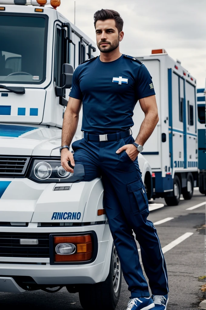 Animated paramedic with navy blue pants and blue and white t-shirt