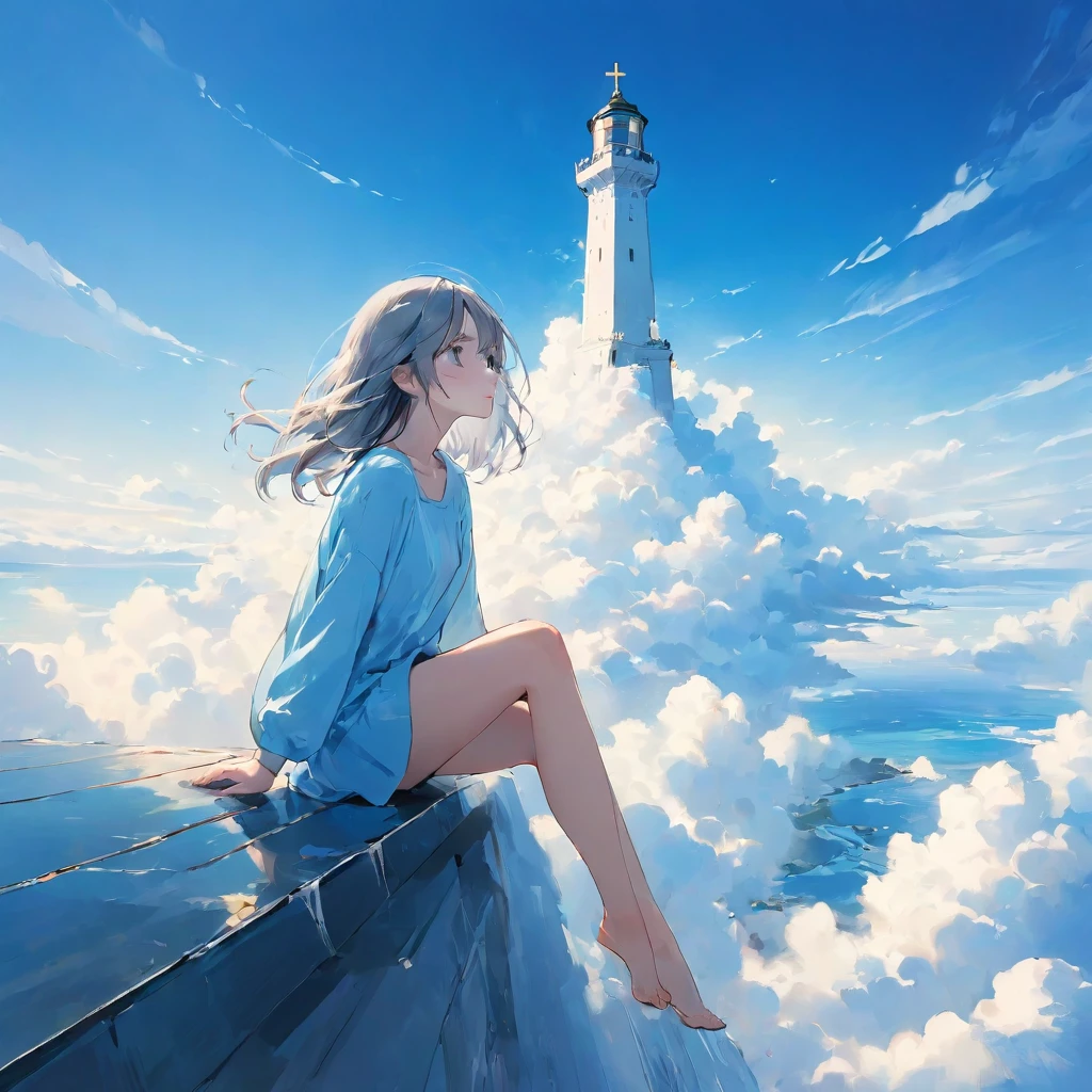 finely detailed illustration, vibrant color,High resolution、8k、pretty girl、One Girl、Perfect and detailed eye drawing、Highest quality、masterpiece、detailed eye and face, A thin tower stretching high into the sky、Cylindrical tower、sea of clouds、blue sky、Sitting cross-legged、Hair blowing in the wind、Gray Hair、Girl staring into the distance、White clothes、barefoot、Full body angle、sea of clouds