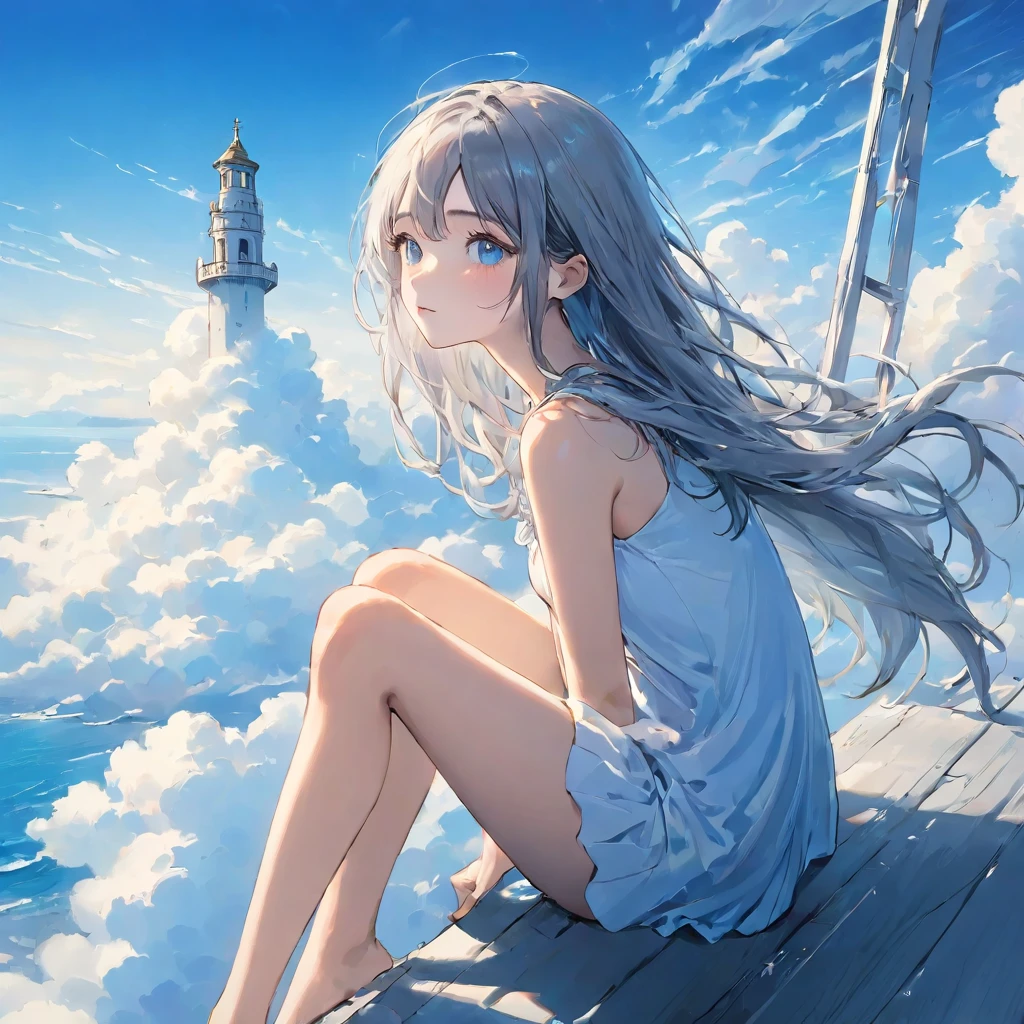 finely detailed illustration, vibrant color,High resolution、8k、pretty girl、One Girl、Perfect and detailed eye drawing、Highest quality、masterpiece、detailed eye and face, A thin tower stretching high into the sky、Cylindrical tower、sea of clouds、blue sky、Sitting cross-legged、Hair blowing in the wind、Gray Hair、Girl staring into the distance、White clothes、barefoot、Full body angle、sea of clouds