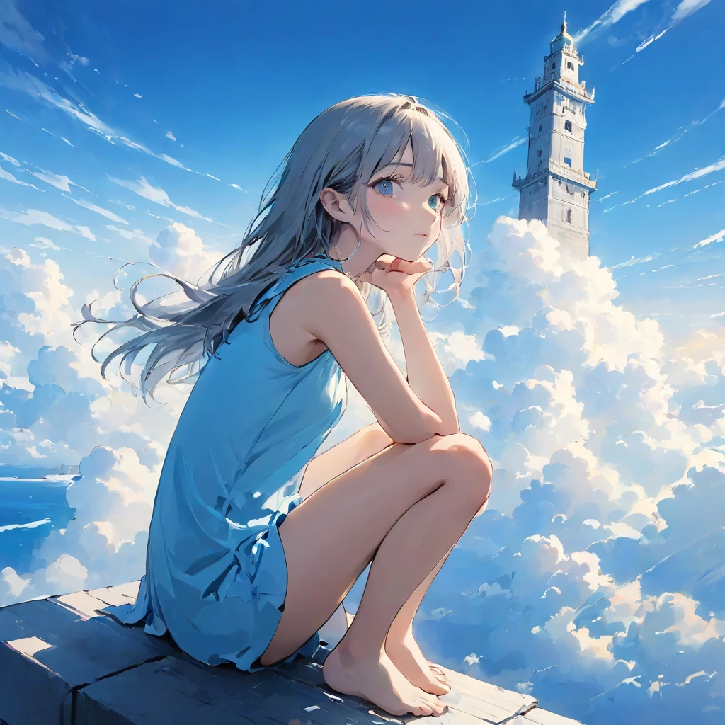 finely detailed illustration, vibrant color,High resolution、８ｋ、pretty girl、One Girl、Perfect and detailed eye drawing、Highest quality、masterpiece、detailed eye and face, A thin tower stretching high into the sky、Cylindrical tower、sea of clouds、blue sky、Sitting cross-legged、Hair blowing in the wind、Gray Hair、Girl staring into the distance、White clothes、barefoot、Full body angle、sea of clouds