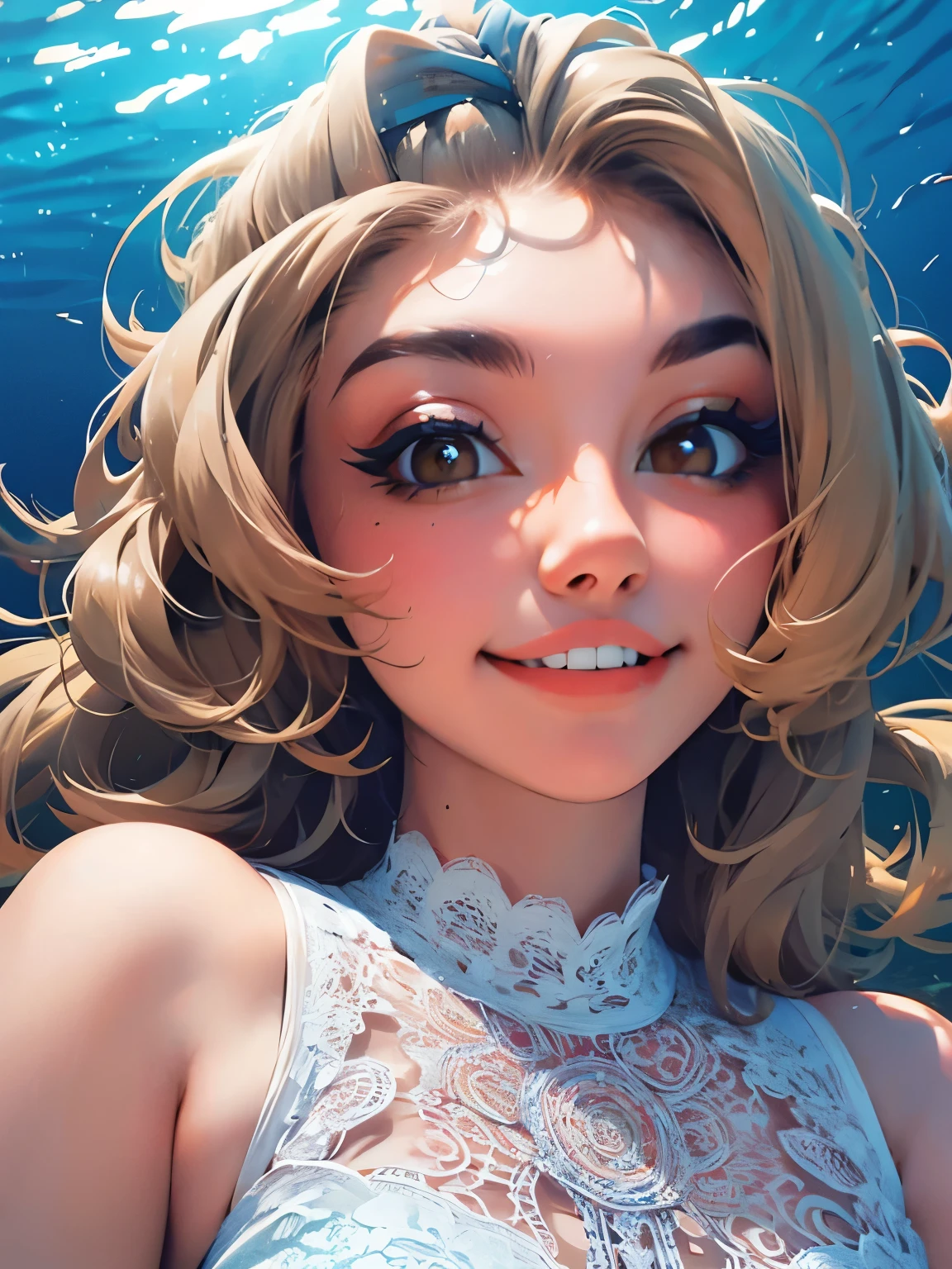 ( Absurd , High quality , ultra detailed, careful with hand )Zodiac - Gemini goddess , similar to latin goodness , Solo .  Curious, skillful, humorous, seductive, imaginative face , Sometimes impractical, restless, nervous, careless style , mature , light brown eyes , long hair , light blonde hair ,  dress , lace lingerie , in the ocean with wind , whole body , flirty look ,