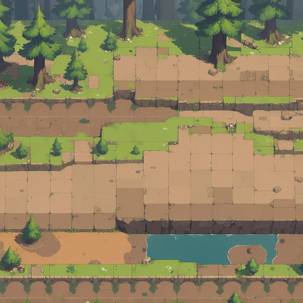 retro video game style,pixelated pastel colors,8-bit characters,blocky shapes,sharp lines,detailed shading,classic gaming vibe,nostalgic atmosphere,classic arcade games,masterpiece:1.2,ultra-detailed,illustration style, 2d texture, stone texture, 4 k seamless mud texture, video game texture, dirt texture, tileset, game tiles, grass, 3/4th perspective trees, tileable cliff formations, tileable cliff texture, 3/4th perspective forest, topdown view, game texture, game art, dirt, , tileable texture, top down view, 3/4th perspective