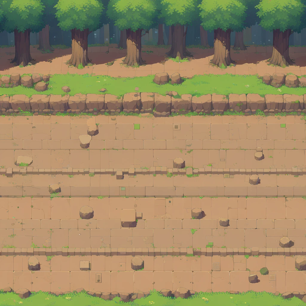 retro video game style,pixelated pastel colors,8-bit characters,blocky shapes,sharp lines,detailed shading,classic gaming vibe,nostalgic atmosphere,classic arcade games,masterpiece:1.2,ultra-detailed,illustration style, 2d texture, stone texture, 4 k seamless mud texture, video game texture, dirt texture, tileset, game tiles, grass, 3/4th perspective trees, tileable cliff formations, tileable cliff texture, 3/4th perspective forest, topdown view, game texture, game art, dirt, , tileable texture, top down view, 3/4th perspective