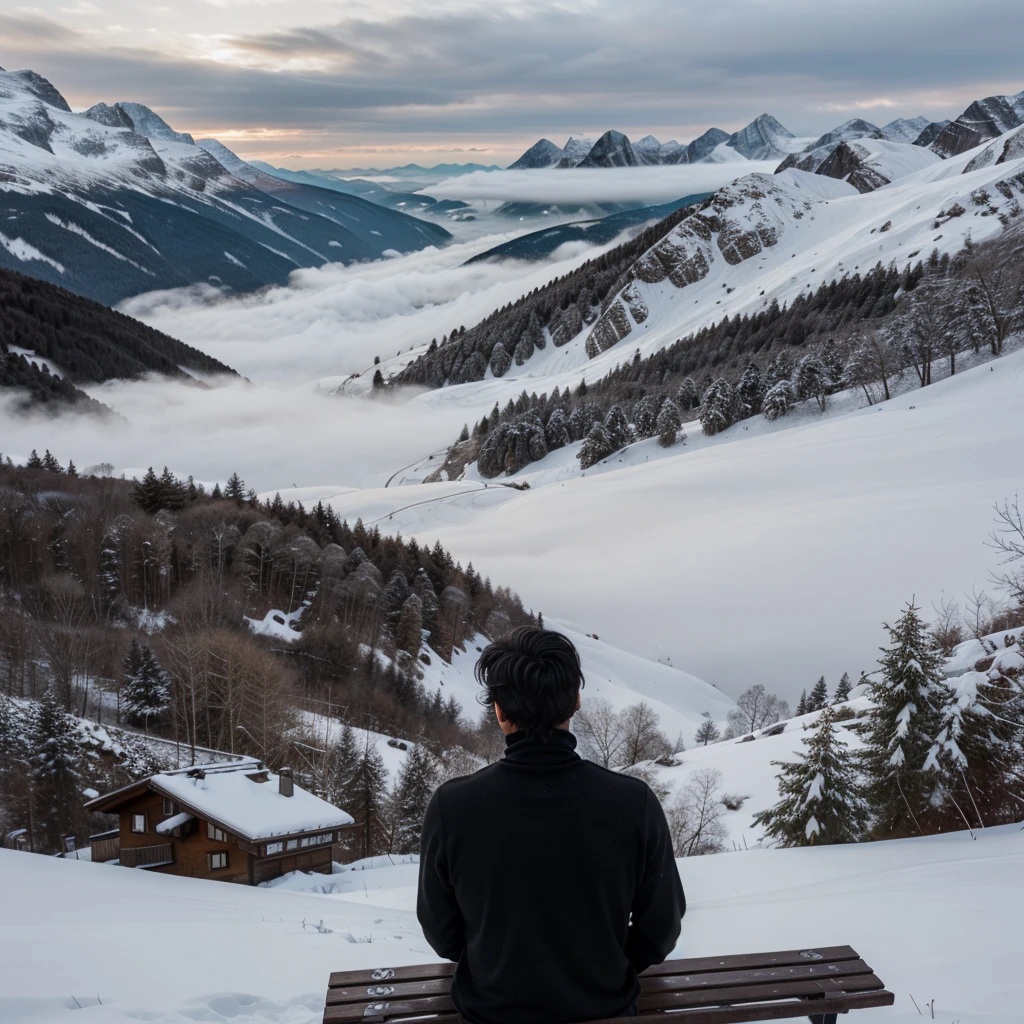 a man with messy black hair facing his back wearing a black turtleneck hearing a hood sitting on a bench on top of the mountain overlooking Switzerland at foggy morning in winter