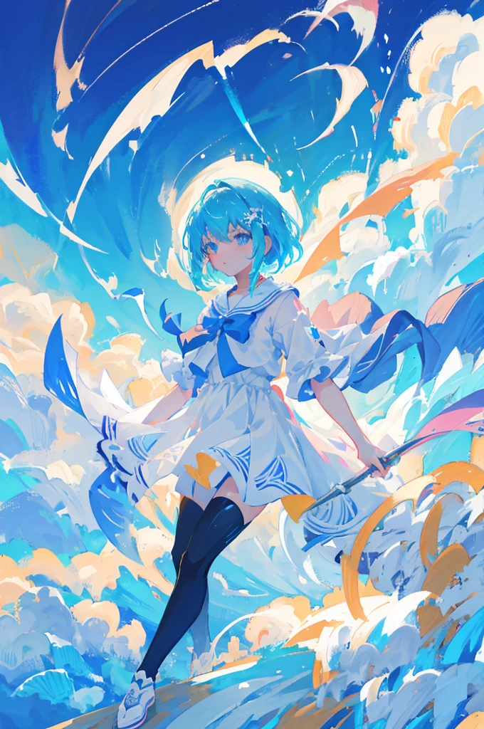 anime girl flying through the air with a blue and white dress, trending on artstation pixiv, splash art anime , zerochan art, pixiv contest winner, digital art on pixiv, guweiz on pixiv artstation, anime art wallpaper 8 k, clean detailed anime art, anime fantasy illustration, beautiful anime artwork, anime face, masterpiece, high quality, detailed face, realistic skin