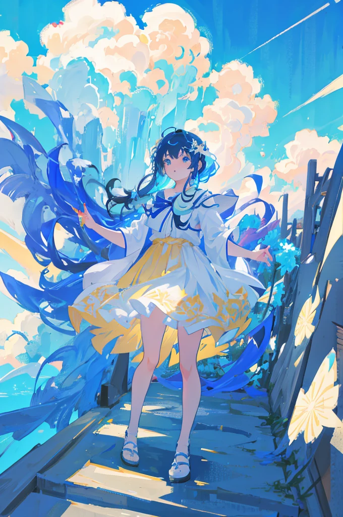 anime girl flying through the air with a blue and white dress, trending on artstation pixiv, splash art anime , zerochan art, pixiv contest winner, digital art on pixiv, guweiz on pixiv artstation, anime art wallpaper 8 k, clean detailed anime art, anime fantasy illustration, beautiful anime artwork, anime face, masterpiece, high quality, detailed face, realistic skin