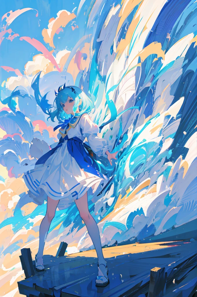 anime girl flying through the air with a blue and white dress, trending on artstation pixiv, splash art anime , zerochan art, pixiv contest winner, digital art on pixiv, guweiz on pixiv artstation, anime art wallpaper 8 k, clean detailed anime art, anime fantasy illustration, beautiful anime artwork, anime face, masterpiece, high quality, detailed face, realistic skin