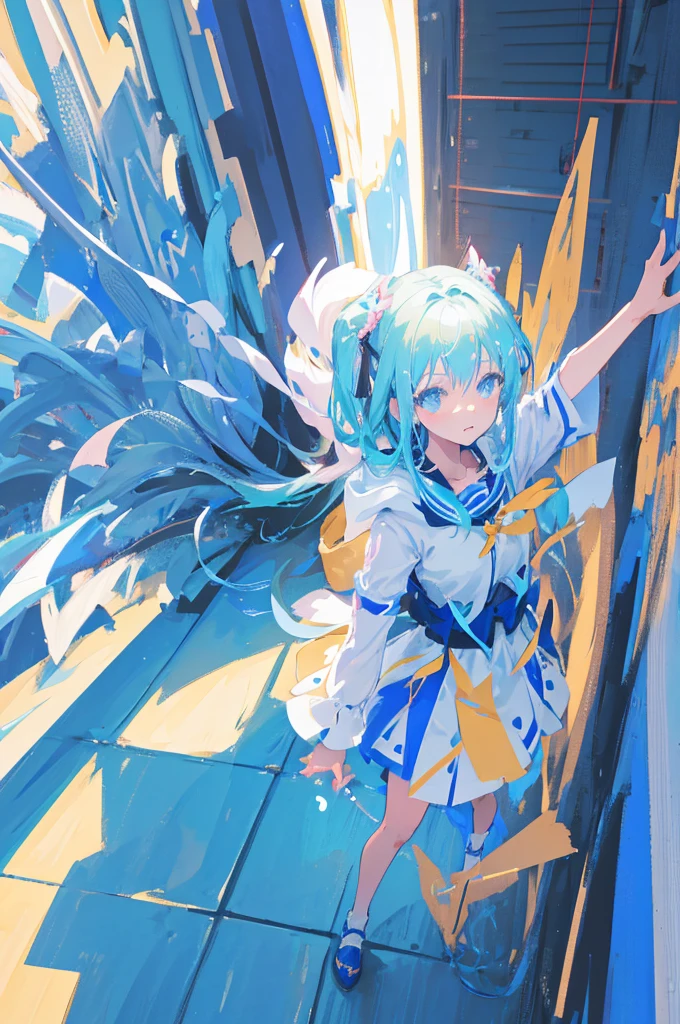 anime girl flying through the air with a blue and white dress, trending on artstation pixiv, splash art anime , zerochan art, pixiv contest winner, digital art on pixiv, guweiz on pixiv artstation, anime art wallpaper 8 k, clean detailed anime art, anime fantasy illustration, beautiful anime artwork, anime face, masterpiece, high quality, detailed face, realistic skin