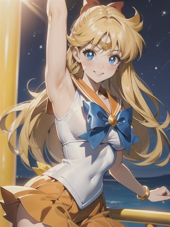 1girl, EPsmSailorVenus, long blonde hair, blue eyes, blush, sailor senshi uniform, hair bow, orange skirt, orange sailor collar, flexing, public street, night, smile, Masterpiece, best quality, detailed background, intricate details, detailed 