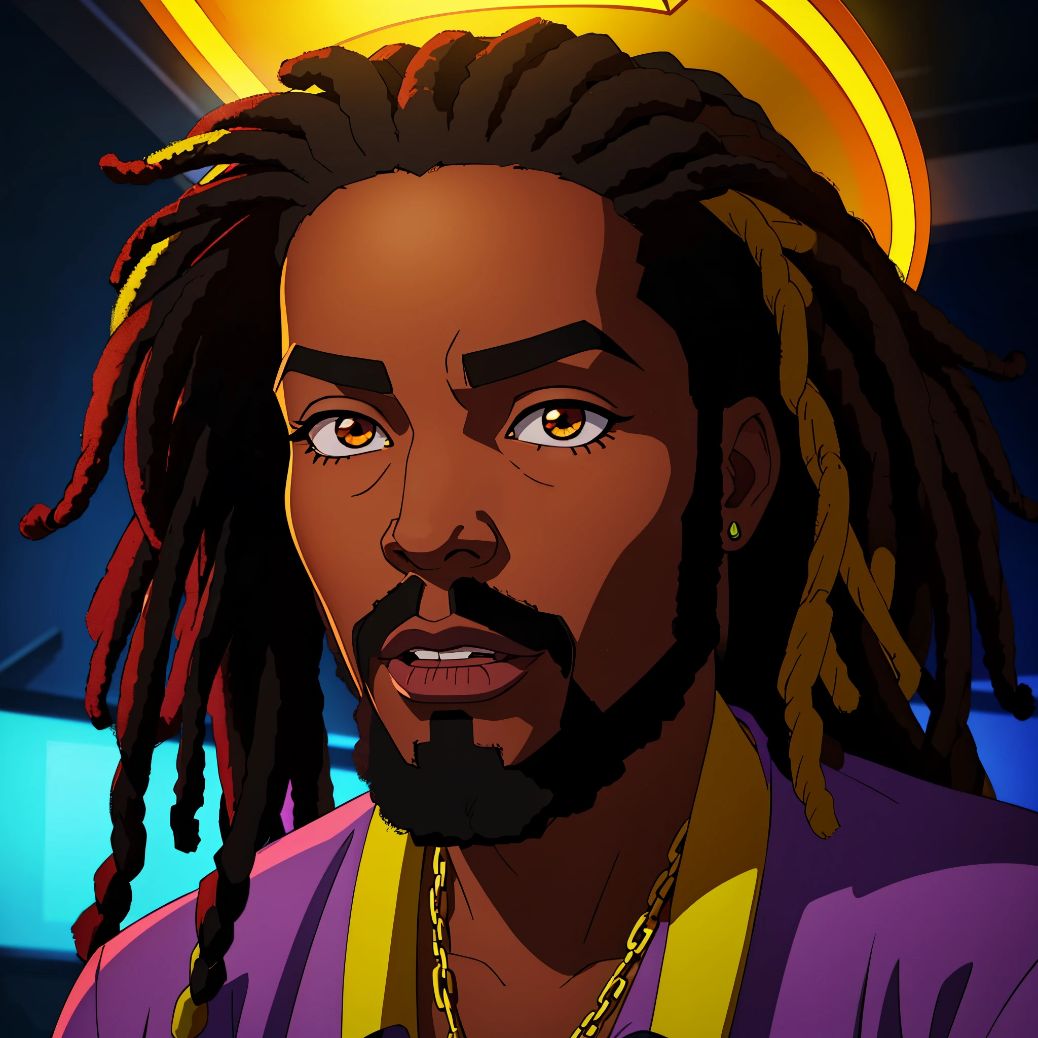 a close-up photo of 1 black male, reggae superstar "Marley Blaze", detailed features, dreadlocks, warm lighting, studio lighting, neon lights, vibrant colors, 80s aesthetic, photorealistic, highly detailed, sharp focus, 8k, best quality