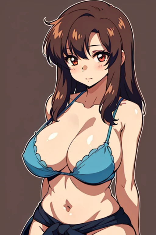 (beautiful detailed eyes:1.5, beautiful detailed face:1.2, beautiful detailed hair), Murrue Ramius, a woman, red eyes, blush, milf, wife, sexy, Curvy, (brown hair, long hair, bangs), (sagging large breasts:1.5), (chemise, no bra), arms behind back, upper body, standing, (Perfect detailed Anatomy, beautiful detailed hair, perfect female body:1.2, shiny skin), (thick outline, Beautiful outlines, black outlines), simple background:1.5