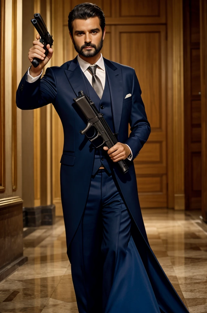 Vegueta with a gala dress and a gun in his hand