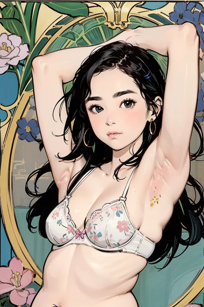 Detailed Background,Mucha style、Art Nouveau、Botanical Art,Flower Art,(Strawberry pattern:1.2), (masterpiece, Highest quality),Vintage Color,colorful, Highest quality, Amazing details, Anatomically correct, Line art, Written boundary depth,Flat Shading,Bokeh, girl, , (plump:1.2)), White bra、((Showing off your armpits), Armpit hair grows),Pussy, Expressive eyes、Perfect Face。 Black hair parted in the middle、Braid、she has a wide forehead。Embarrassing、She is blushing。Browsing Caution