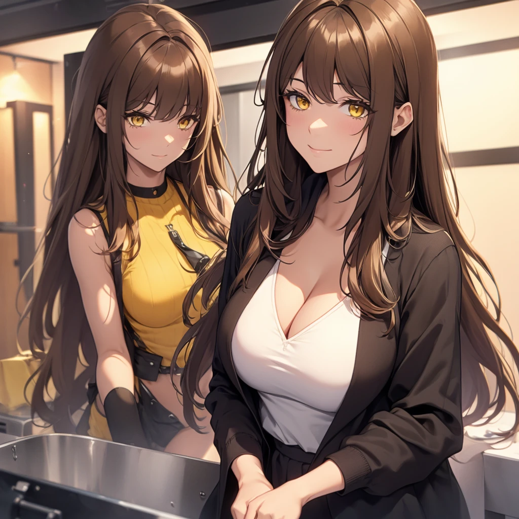 Make a woman with big brown hair and yellow eyes who wears black clothes