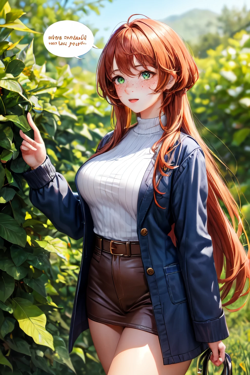 A stooped girl with thick copper hair and green eyes.
Her clothes are a little unkempt. What especially stands out is her manner of speaking and her freckles., Interesting clothes, comfortable